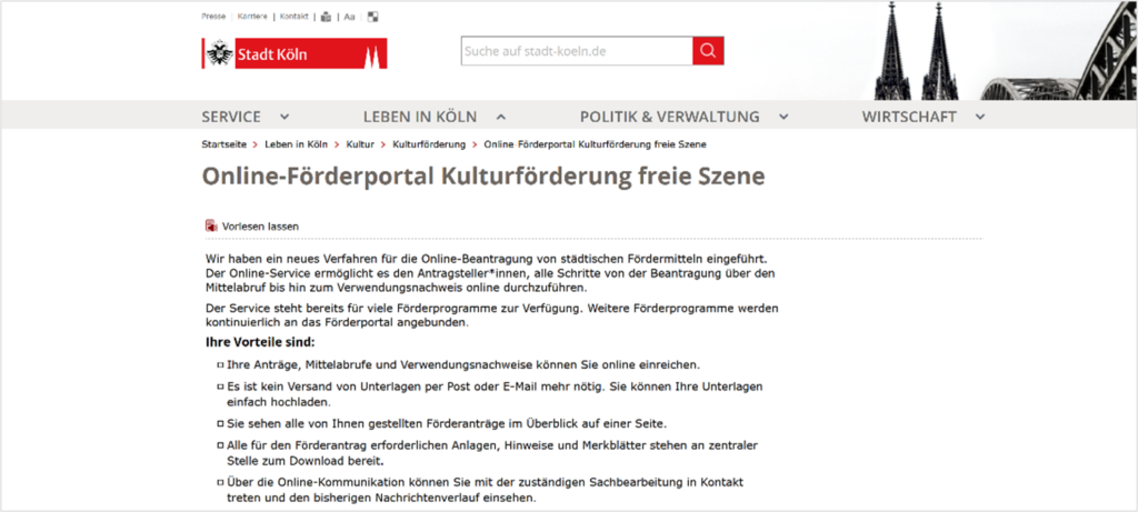Screenshot des "Online-Förderportal Kulturförderung freie Szene" der Stadt Köln. 