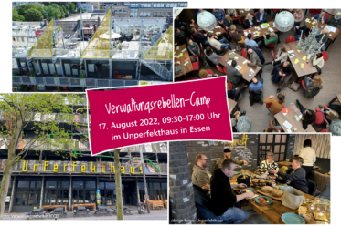 Banner mit Bildern des Unperfekthauses. Außenansicht mit Kunstwerken. Essende Menschen im UpH-Restaurant. Der große Veranstaltungsraum belebt mit Menschen. Die Dachterasse.