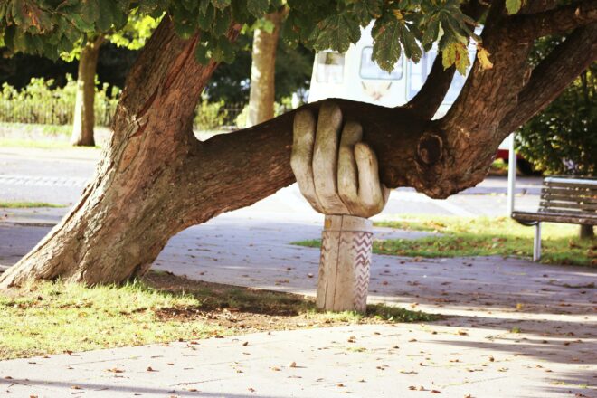 Zu sehen ist ein Baum, der etwas schief wächst und dabei von einer großen aus Holz modellierten Hand gestützt wird.