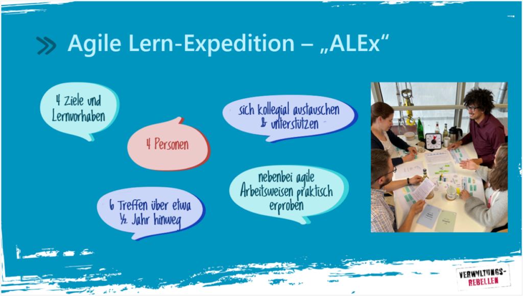 ALEx im Überblick: - 4 Ziele und Lernvorhaben - 4 Personen - 6 Treffen über etwa 1/2 Jahr hinweg - sich kollegial austauschen und unterstützen - nebenbei agile Arbeitsweisen praktisch erproben