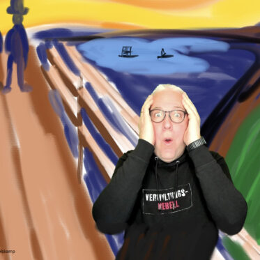 Peter Adelskamps Interpretation von Munks "Der Schrei" - mit dem er einen kreativen Mitarbeiter-Wettbewerb gewonnen hat. Zu sehen ist Peter Adelskamp, der die Poste und Mimik des Schreis imitiert. Im Hintergrund eine selbstgemalte Landschaft mit einem Fluss und einer Brücke mit zwei Personen.