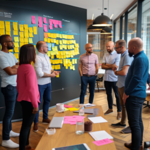 Foto: Team diskutiert, vor einem Kanban-Board stehend