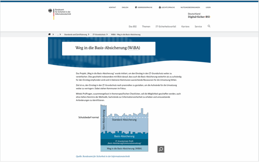 Screenshot der BSI-Website mit einem Beitrag zu dem Projekt „Weg in die Basis-Absicherung (WiBA)““
