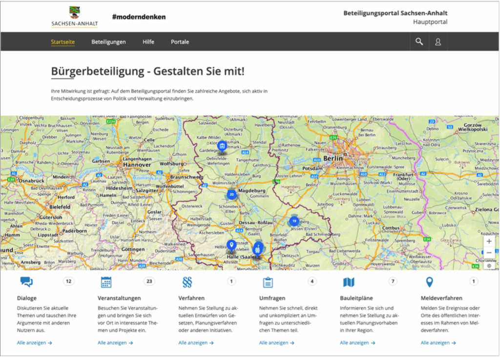 Screenshot des Beteiligungsportals. Zu sehen ist eine Kartenauschnitt von Deutschland mit Fokus auf das Sachen-Anhalt. Darauf sind mehrere Markierungen gesetzt, die anzeigen, wo Beteiligungsverfahren stattfinden. 