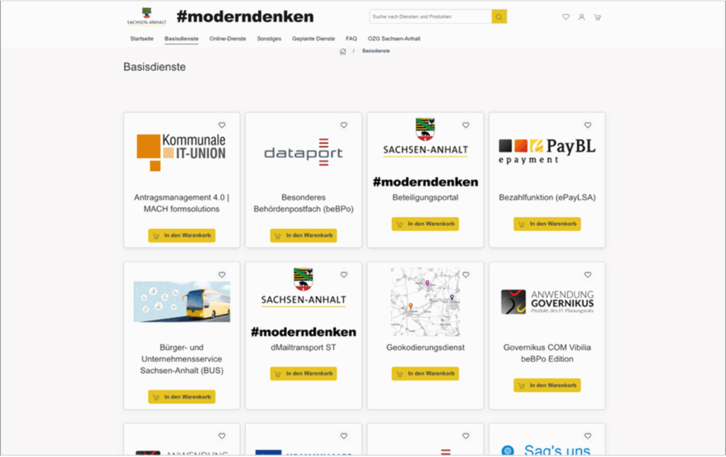 Screenshot des e-Government Marktplatzes. Zu sehen sind verschiedene Kacheln mit Basisdiensten - jeweils mit einbem Button „In den Warenkorb“.