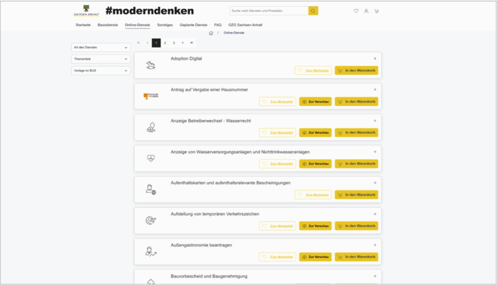 Screenshot des eGovernment-Marktplatzes des Landes Sachsen-Anhalt. Zu sehen sind mehrere Online-Dienste und danaben Buttons eines klassischen E-Shops („Zum Merkzettel“, „Vorschau anzeigen“, „In den Warenkorb“).