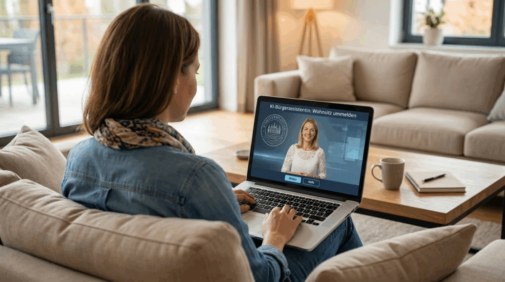 KI-generiertes fotorealistisches Bild. Blick über die Schulter einer Frau, die mit einem Laptop auf dem Schoß auf einer Couch sitzt. Auf dem Bildschirm ist eine KI-Videoassistentin angedeutet.