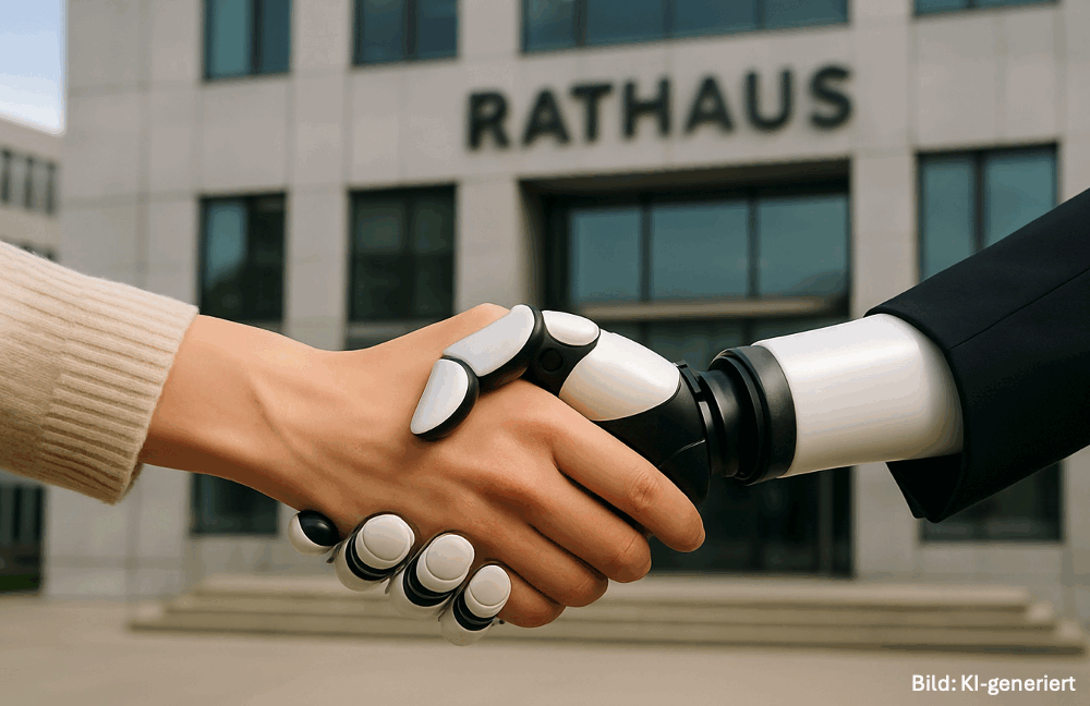 KI-generiertes fotorealistisches Bild. Eine menschliche Hand und eine Roboterhand geben sich die Hände. Im Hintergrund ist ein modernes Rathaus zu sehen.