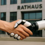 KI-generiertes fotorealistisches Bild. Eine menschliche Hand und eine Roboterhand geben sich die Hände. Im Hintergrund ist ein modernes Rathaus zu sehen.