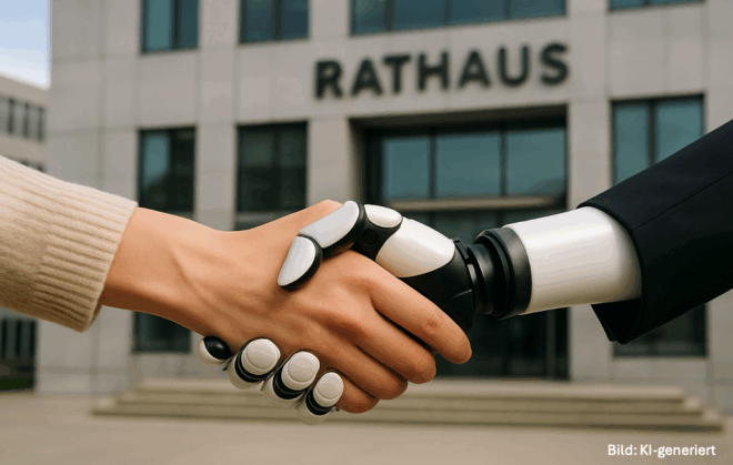 KI-generiertes fotorealistisches Bild. Eine menschliche Hand und eine Roboterhand geben sich die Hände. Im Hintergrund ist ein modernes Rathaus zu sehen.