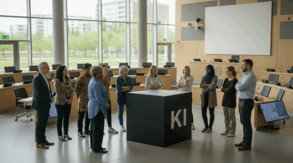 KI-generiertes fotorealistisches Bild. Zu sehen sind 11 vielfältige Menschen, die in einem Ratssaal um einen großen schwarzen Würfel mit der Aufschrift „KI“ herumstelen.
