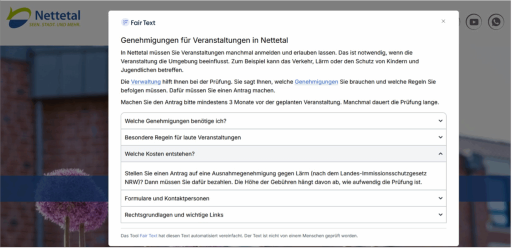 Screenshot einer Übersetzung in FairText. Zu sehen sind Informationen zur Genehmigung von Veranstaltungen in einfacher Sprache.