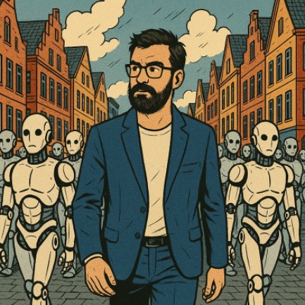 KI-generiertes Bild von Stephan Voigt im Comicstil. Ein Mann mit skeptmischem Blick läuft einer Menge von Robotern voran.
