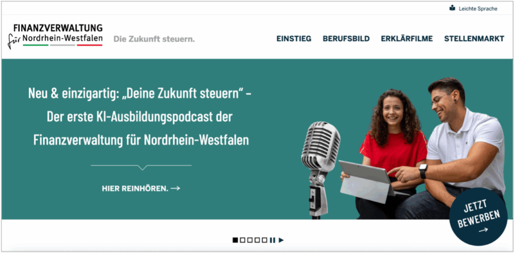 Screenshot der Website der Finanzverwaltung NRW mit Hinweis auf den Ausbildungspodcast.