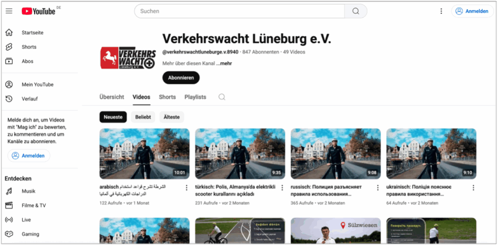 Screenshot des Youtube-Kanals der Verkehrswacht Lüneburg.