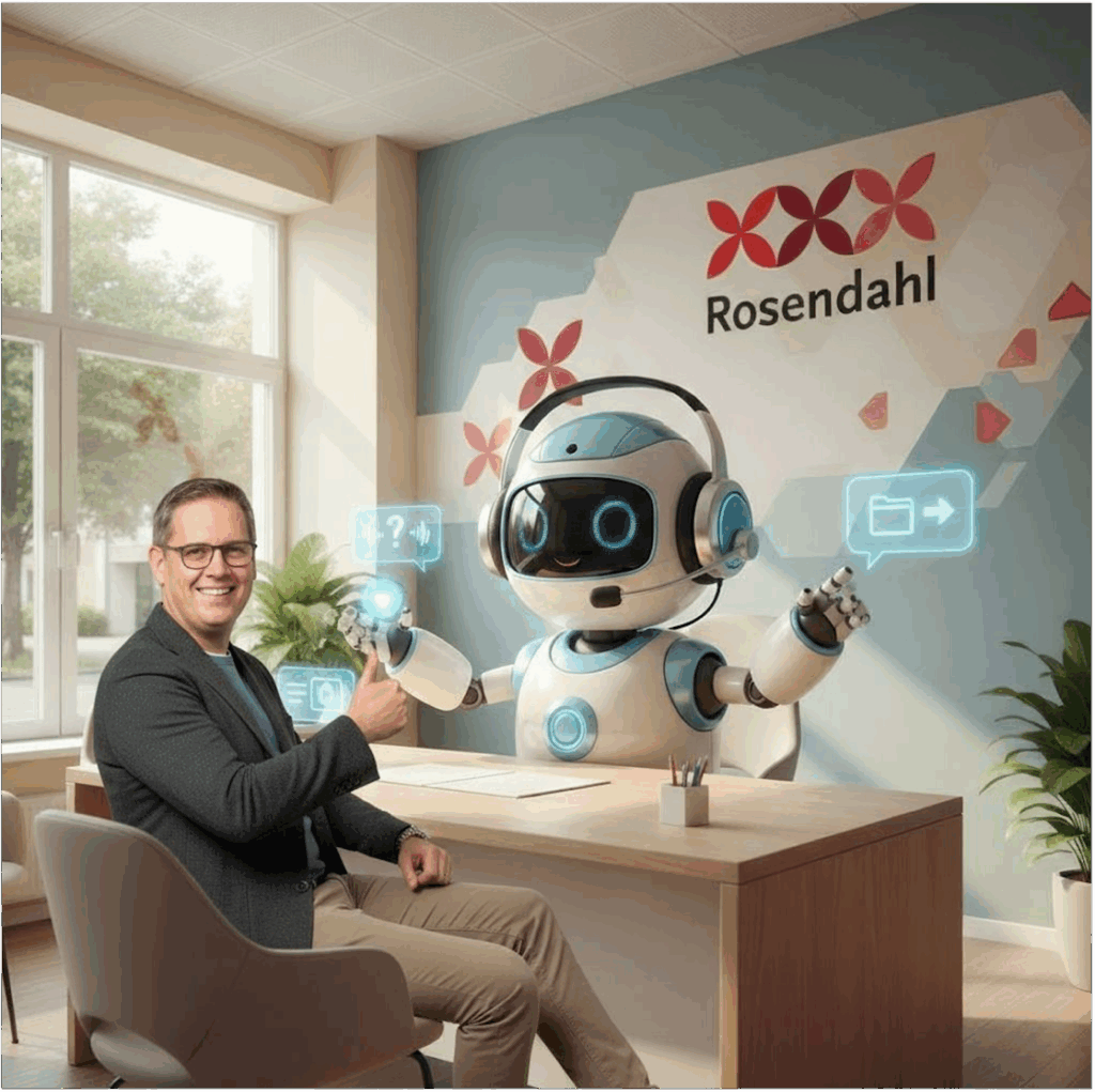 In dem KI-generierten Bild sitzt Sebastian Wolters an einem Schreibtisch einem freundlich aussehenden Roboter gegenüber. Dazwischen in die Umgebung eingebettete digitale Elemente.