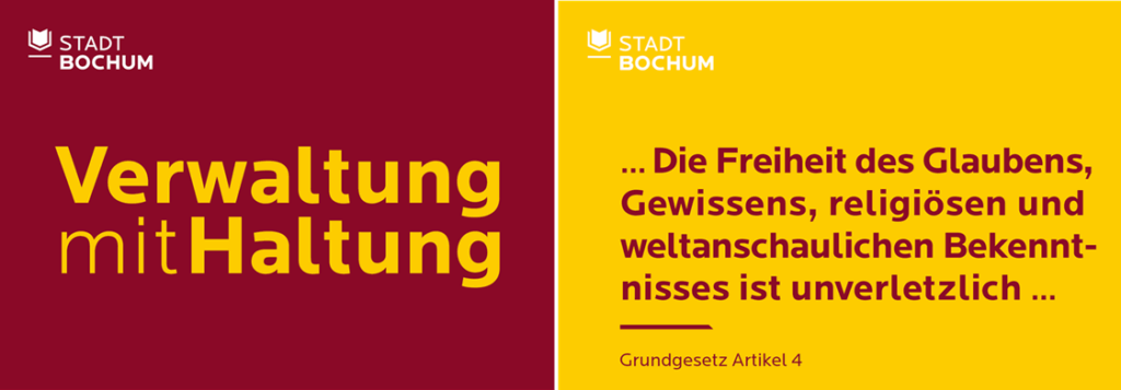 Vorder- und Rückseite der Postkarte Stadt Bochum: Vorderseite "Verwaltung mit Haltung", Rückseite ein Auszug aus dem GG, Art. 4 zur Freiheit des Glaubens, religiösen Bekenntnisses und mehr