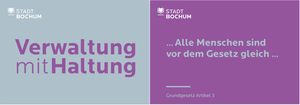 Vorder- und Rückseite der Postkarte Stadt Bochum: Vorderseite "Verwaltung mit Haltung", Rückseite ein Auszug aus dem GG, Art. 3: Alle Menschen sind vor dem Gesetz gleich.