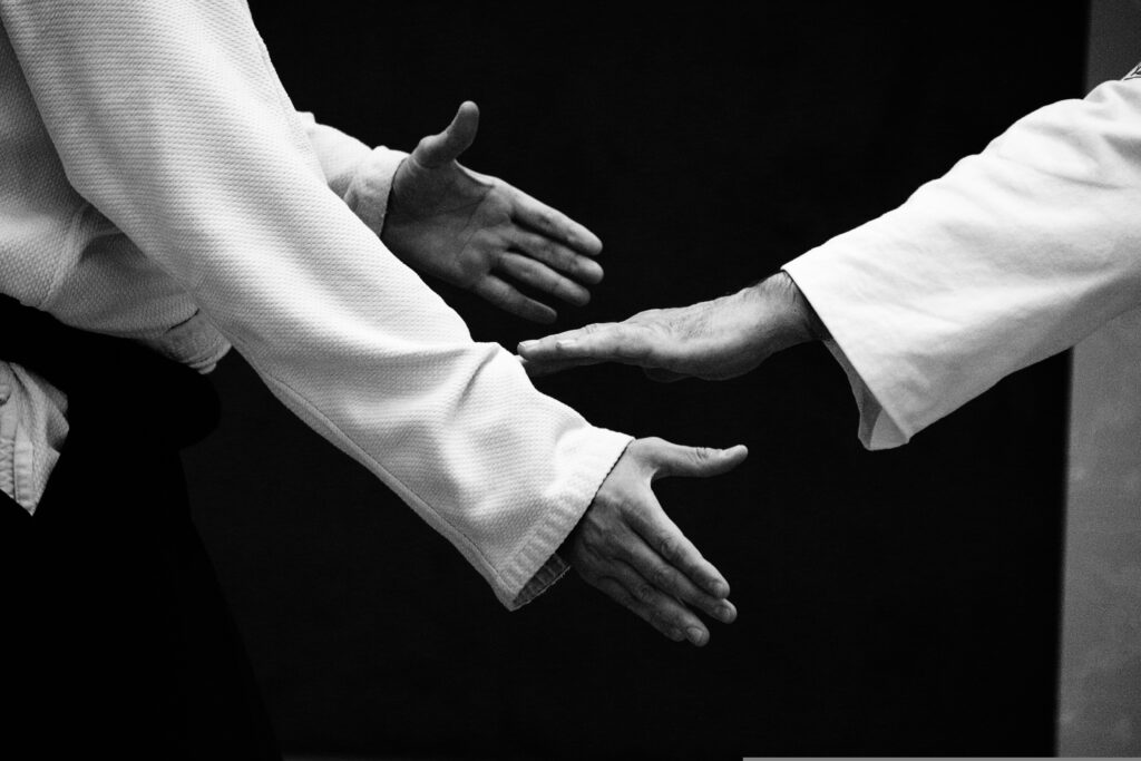 Man sieht die Hände und Arme von zwei Aikidokämpfern. Der eine leitet gerade die Energie des anderen um.