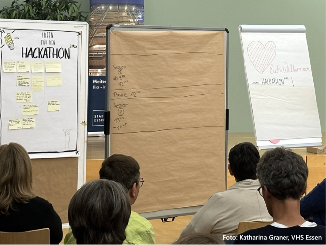Szene zu Beginn des Hackathons. Menschen von hinten fotografiert im sitzen im Plenum. Vorn stehen Pinnwände für die Themenplanung und ein Willkommens-Flipchart.