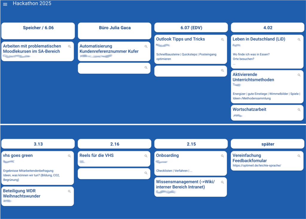 Screenshot von TaskCards mit der Themensammlung 2025. Themen u.a. Automatisierung Kundenreferenznummer, Outlook Tipps & Tricks, Aktivierende Unterrichtsmethoden, Reels für die VHS, Onboardning, …